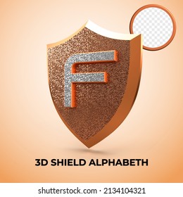 3D render Alphabet F shield luxury logo initial privilege, Gold Style