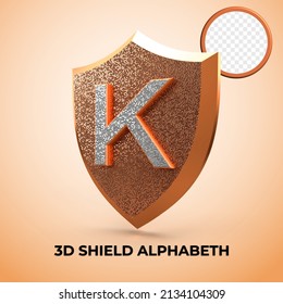 3D render Alphabet K shield luxury logo initial privilege, Gold Style