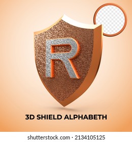 3D render Alphabet R shield luxury logo initial privilege, Gold Style