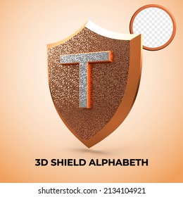 3D render Alphabet T shield luxury logo initial privilege, Gold Style