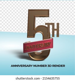 3D render anniversary number 5th of age  3D gold ribbon transparent