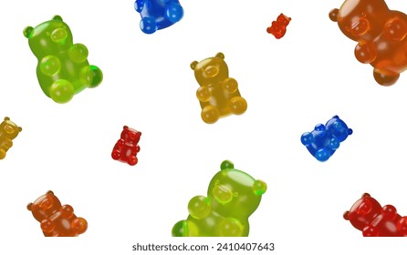 3D render background form factor Gummy bear. Sweet jelly repeat food element. Tasty delicious snack, medical supplement for health for kids and adult. Gelatin chewable gummified vitamins.