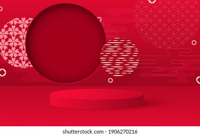 3d render of background or texture. Bright red festive podium or pedestal background. Chinese patterns.Vector illustration