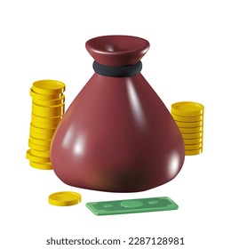 3d render of a bag with money, gold coins, and a paper bill. Savings concept. Banking and financial business icon. Vector illustration