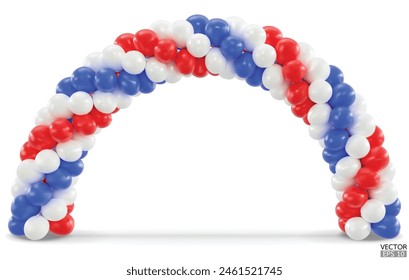 3D render balloon arch entrance. White, Red and Blue Balloons in the Shape of Arc, Gate, or Portal isolate on a white background. 3d vector illustration.