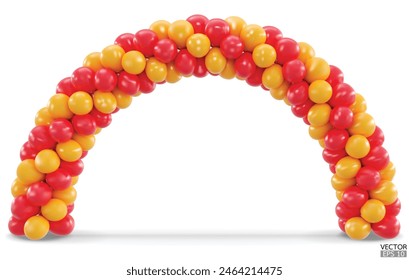 3D render balloon arch entrance. Red and Yellow Balloons in the Shape of Arc, Gate, or Portal isolate on a white background. 3d vector illustration.