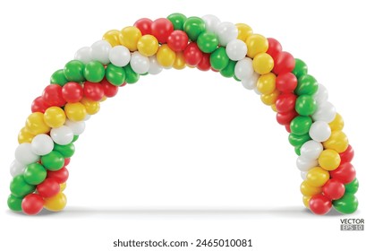 3D render balloon arch entrance. Green, white, Red and Yellow Balloons in the Shape of Arc, Gate, or Portal isolate on a white background. 3d vector illustration.