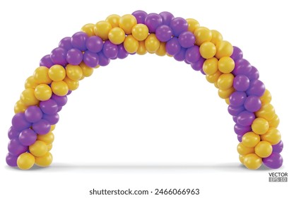 3D rendern Ballonbogeneingang. Violette und gelbe Ballons in Form von Bogen, Tor oder Portal isolieren auf einem weißen Hintergrund. 3D-Vektorillustration.