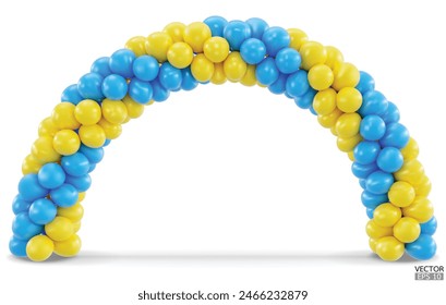 3D rendern Ballonbogeneingang. Blaue und gelbe Ballons in Form von Bogen, Tor oder Portal isolieren auf einem weißen Hintergrund. 3D-Vektorillustration.