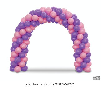 3D render balloon arch entrance. Purple and pink Balloons in the Shape of Arc, Gate, or Portal isolate on a white background. 3d vector illustration.