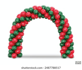 Entrada de arco de globo de procesamiento 3D. Globos rojos y verdes en forma de arco, puerta o portal aislados en un fondo blanco para tarjeta de Navidad. Ilustración vectorial 3d.