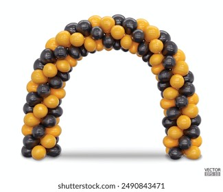 3D render balloon arch entrance. Black and yellow Balloons in the Shape of Arc, Gate, or Portal isolate on a white background for halloween card. 3d vector illustration.