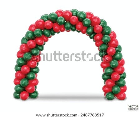3D render balloon arch entrance. Red and green Balloons in the Shape of Arc, Gate, or Portal isolate on a white background for christmas card. 3d vector illustration.