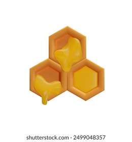 3d render bee cell. Mosaic liquid drops. Textured hexagon shape with beeswax and honey. Sweet organic product. Vector illustration cartoon honeycomb. Eco geometric sticky syrup. Nature gold food