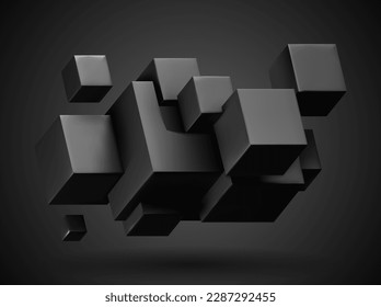 3d render of black cubes set, abstract geometric background with free space for text, vector illustration.