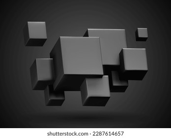 3d render of black cubes set, abstract geometric background with free space for text, vector illustration.