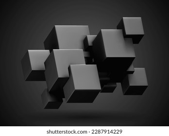 3d render of black cubes set, abstract geometric background with free space for text, vector illustration.