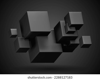 3d render of black cubes set, abstract geometric background with free space for text, vector illustration.