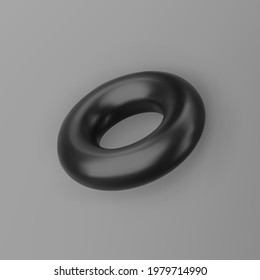 3d render black geometric shape torus with shadows isolated on grey background. Black realistic primitive. Abstract decorative vector figure for trendy design