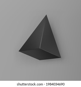 3d representa la pirámide de forma geométrica negra con sombras aisladas sobre fondo gris. Negro realista primitivo. Resumen de la figura decorativa del vector para el diseño de moda