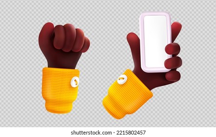 3d Render Black Hand Fist And Palm Holding Smartphone With Blank Screen. Mockup Of Mobile Phone In African Person Arm Isolated On Transparent Background, Vector Illustration In Cartoon Plastic Style