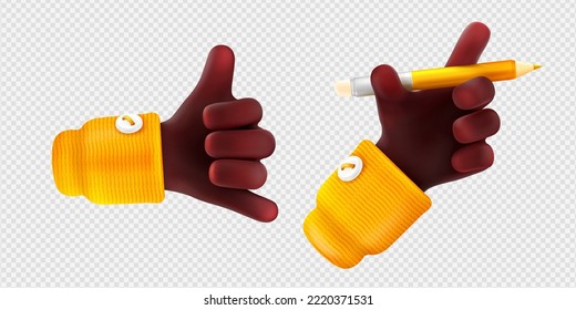 Los gestos de la mano negra en 3d se dejan sueltos o se sueltan shaka y palmas sujetando un lápiz de madera. Escritura de brazo de persona africana, comunicación, signos de lenguaje corporal aislados Ilustración vectorial en. Ilustración 3D