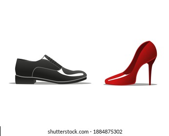 Representación 3D de cuero negro macho y hembra zapato rojo alto collado colocado uno frente al otro sobre la actitud de imagen del vector de fondo blanco expresada a través de retratos de zapatos