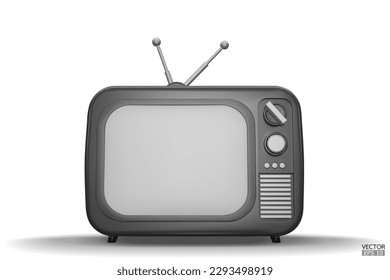 3D render black Vintage Television Cartoon style isolate on background. Minimal Retro TV. Black analog TV.  Old TV set with antenna. 3d vector illustration.