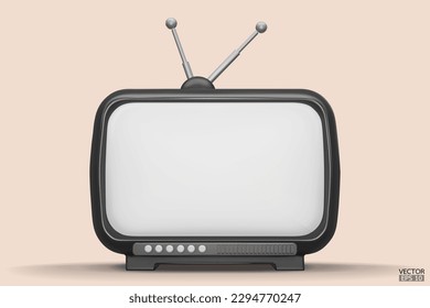 3D render black Vintage Television Cartoon style isolate on background. Minimal Retro TV. Black analog TV.  Old TV set with antenna. 3d vector illustration.