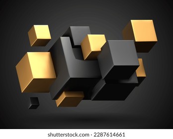 3d render of black and yellow cubes set, abstract geometric background with free space for text, vector illustration.