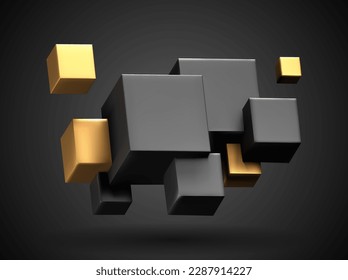 3d render of black and yellow cubes set, abstract geometric background with free space for text, vector illustration.