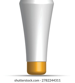 A 3D render of a blank white plastic cosmetic cream tube isolated on a white background with a soft shadow. Standing upside down on its glossy gold screw cap, this clean squeeze tube packaging template is ideal for showcasing product branding designs for face wash, lotion, gel, toothpaste, or skincare creams.