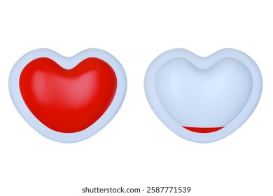 3d render blood bag or packet with red plasma in heart form. Medical full and empty container for hospital. Realistic glossy vector illustration.