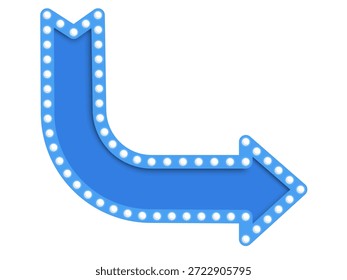 3D-Rendering von blauen Plakatwand Glühbirne mit Pfeilform. Modernes 3D-blaues Pfeilzeichen mit hellen Glühbirnen, geeignet für Werbung, Werbung und digitale Präsentationsdesigns. 3D blaue Pfeil Plakatwand mit leuchtenden Glühbirnen, isoliert, ideal für Beschilderung, Werbung und visuelle Richtung Konzepte.