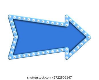 3d render of blue billboard light bulb with arrow shape. Modern 3D blue arrow sign with bright light bulbs, suitable for advertising, promotion, and digital presentation designs. 3D blue arrow billboard with glowing bulbs, isolated, ideal for signage, advertising, and visual direction concepts.