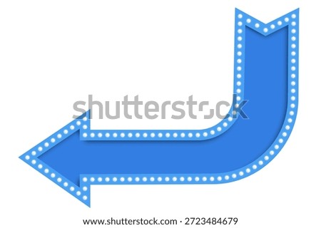 3d render of blue billboard light bulb with arrow shape. Modern 3D blue arrow sign with bright light bulbs, suitable for advertising, promotion, and digital presentation designs. 3D blue arrow billboard with glowing bulbs, isolated, ideal for signage, advertising, and visual direction concepts.