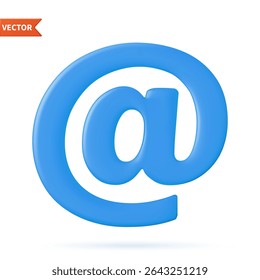 3d render blue email at symbol isolated on white background. Internet communication application concept. At sign social media notification. Vector illustration