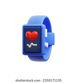 Representación 3D de reloj inteligente inalámbrico azul con corazón rojo. Presión arterial, medición de pulsos, aplicaciones de control de salud. Vector 3d realista Pulsera de fitness, equipo deportivo en forma de caricatura de plástico