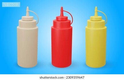 3D render of bottles with different sauces for fast food. Ketchup, mustard, mayonnaise. Bright Illustration in cartoon, plastic, clay 3D style. Isolated on a white background