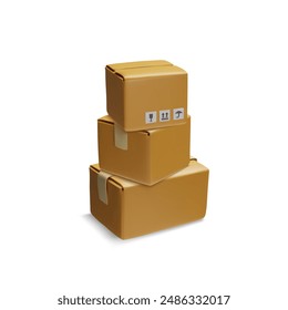 3d render of boxes. Three closed cardboard boxes, taped shut, stacked on top of each other, ready to ship. With symbols for correct transportation. Vector illustration isolated on white background.