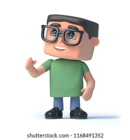 3d render of a boy in glasses pointing to the left