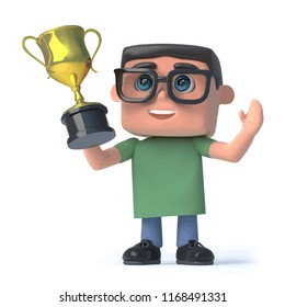 3d render of a boy wearing glasses holding a gold cup trophy high above his head