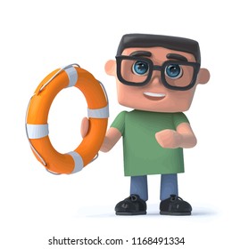 3d render of a boy wearing glasses holding a life buoy.
