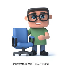 3d render of a boy wearing spectacles standing next to an empty office chair.