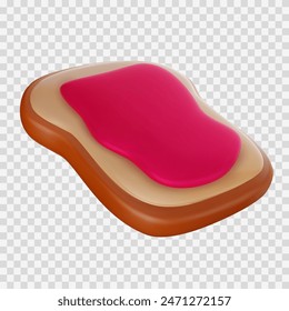 3d render bread slice with pink jam in realistic glossy style. Cute cartoon food element. Bright vector illustration isolated on transparent background.