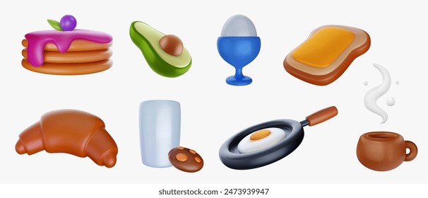 3d render breakfast food elements in minimal cute modern style. Pancake, avocado, egg, toast, sandwich, croissant, milk with cookies, coffee, frying pan. Set bright realistic vector illustration.