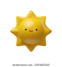 3D render bright sun. Mascot kawaii space character. Weather vector illustration in clay style. Realistic emoticon for kids. Sunny day weather forecast. Warm climate sign for children education