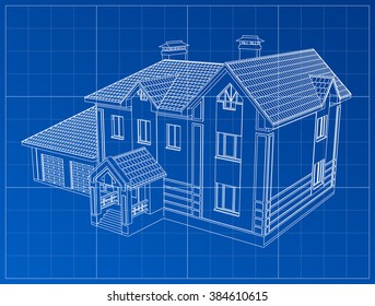 3D render of a building vector. The contours of houses on a blue drawing