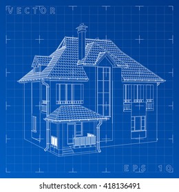 3D render of a building vector. The contours of houses on a blue drawing