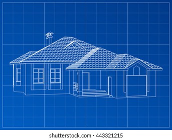 3D render of a building vector. The contours of houses on a blue drawing